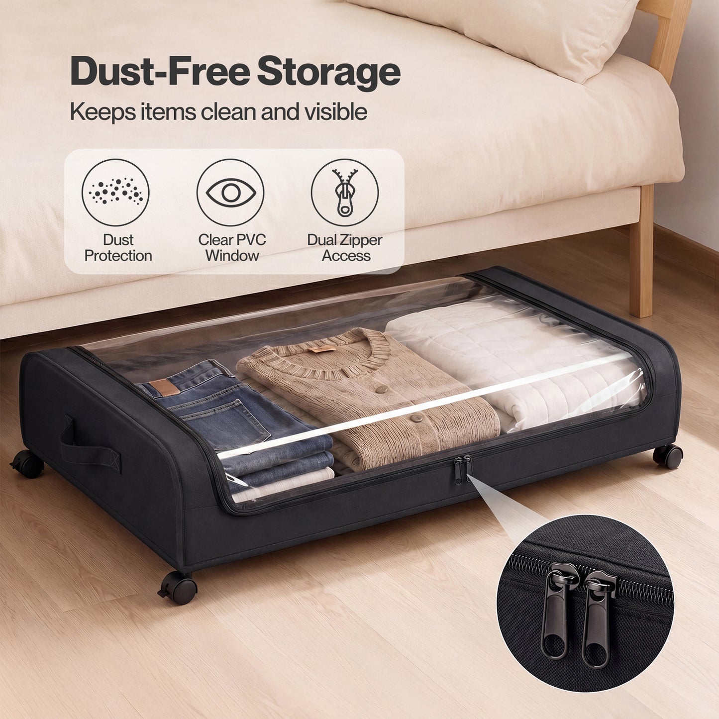 Levede Under Bed Storage Boxes with Lids  46L x2  Rolling  Black  Oxford