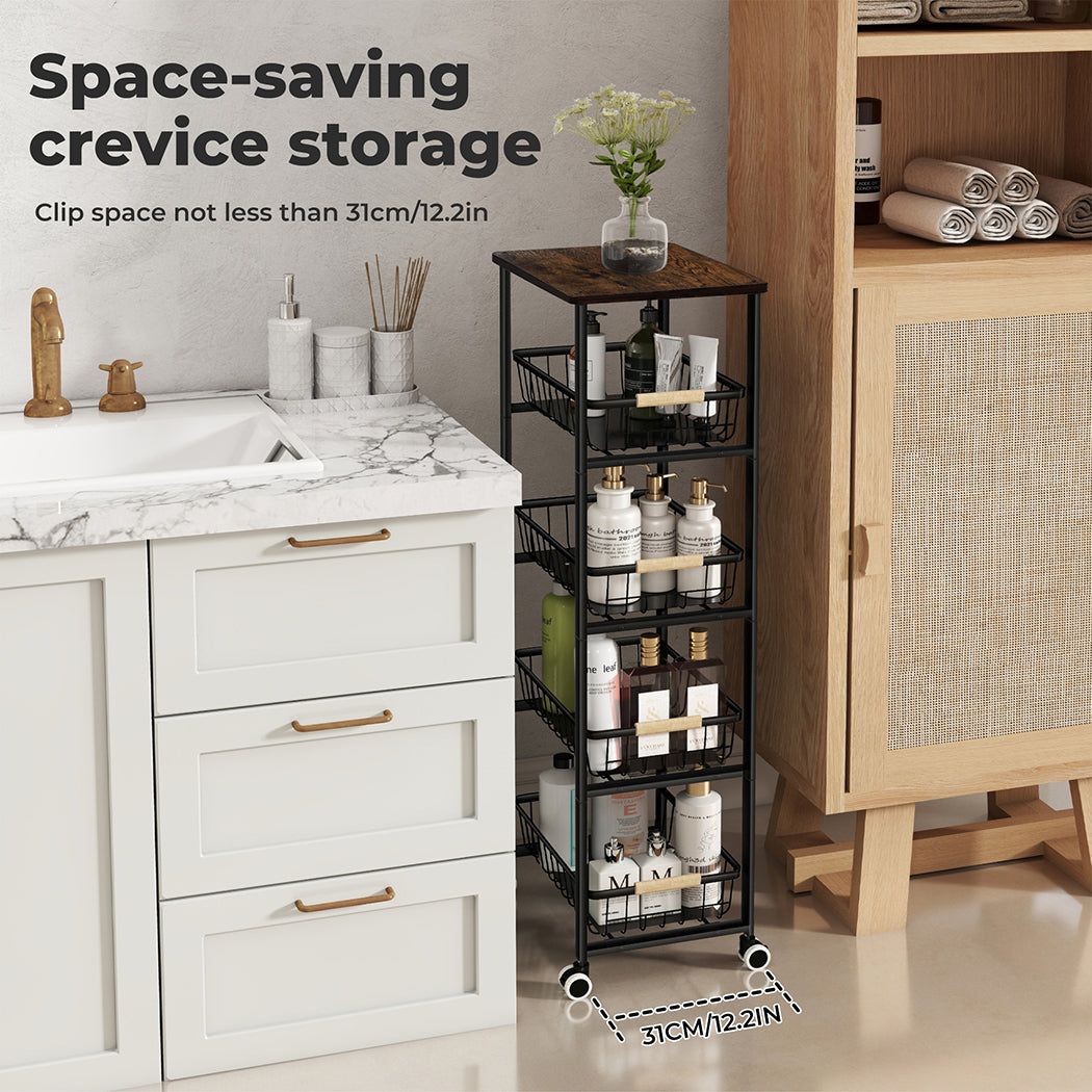 Levede 5 Tier Kitchen Trolley Storage Rack Cart Rolling Trolley Wheels Handle