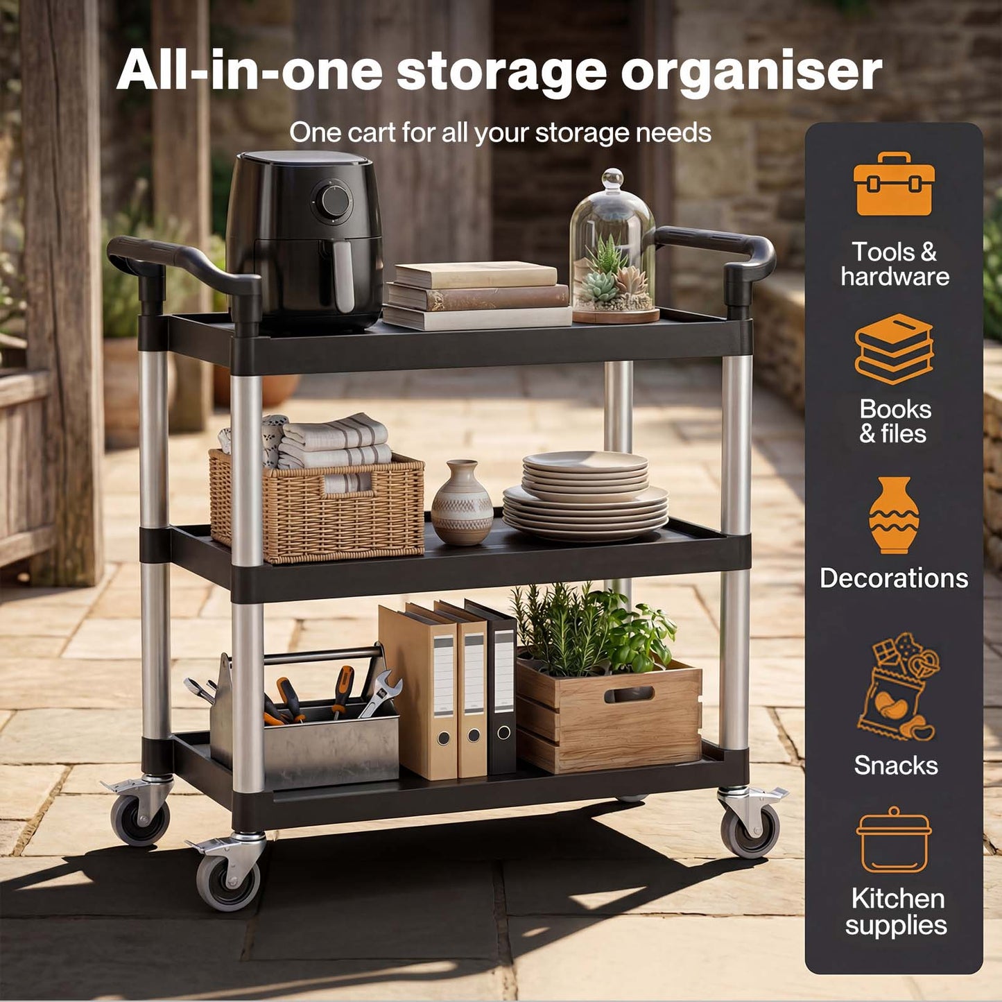 Levede Tool Trolley 3 Tier Rolling Storage Cart Multi-functional Workplace Black