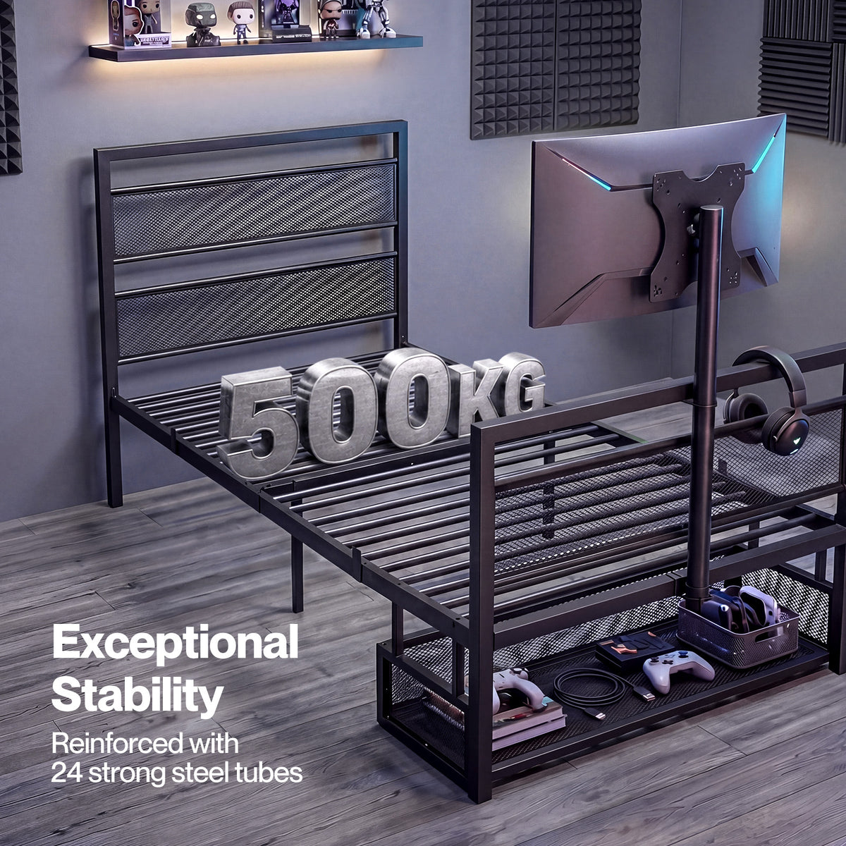 Levede Single Bed Frame Gaming Bed TV Bed 360° Rotating Mount Metal Black