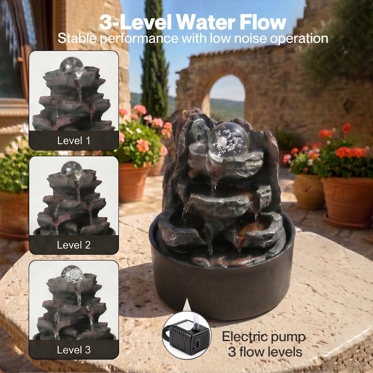 Spector Water Feature Indoor Fountains Rotating Glass Ball LED Light Resin Grey