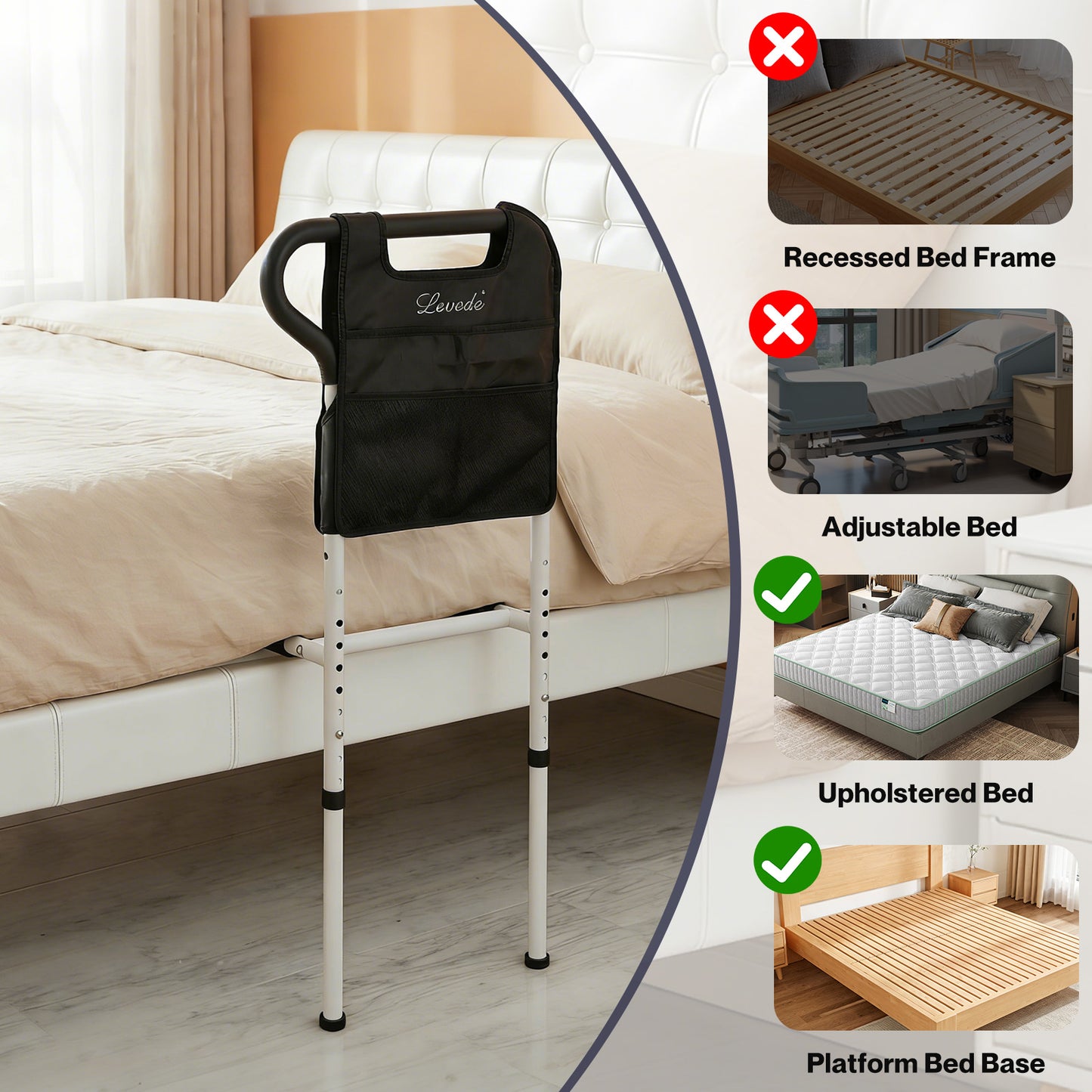 Levede Bed Rail Frame Adjustable Bedside Support Bar Bedroom Handle Storage Bag