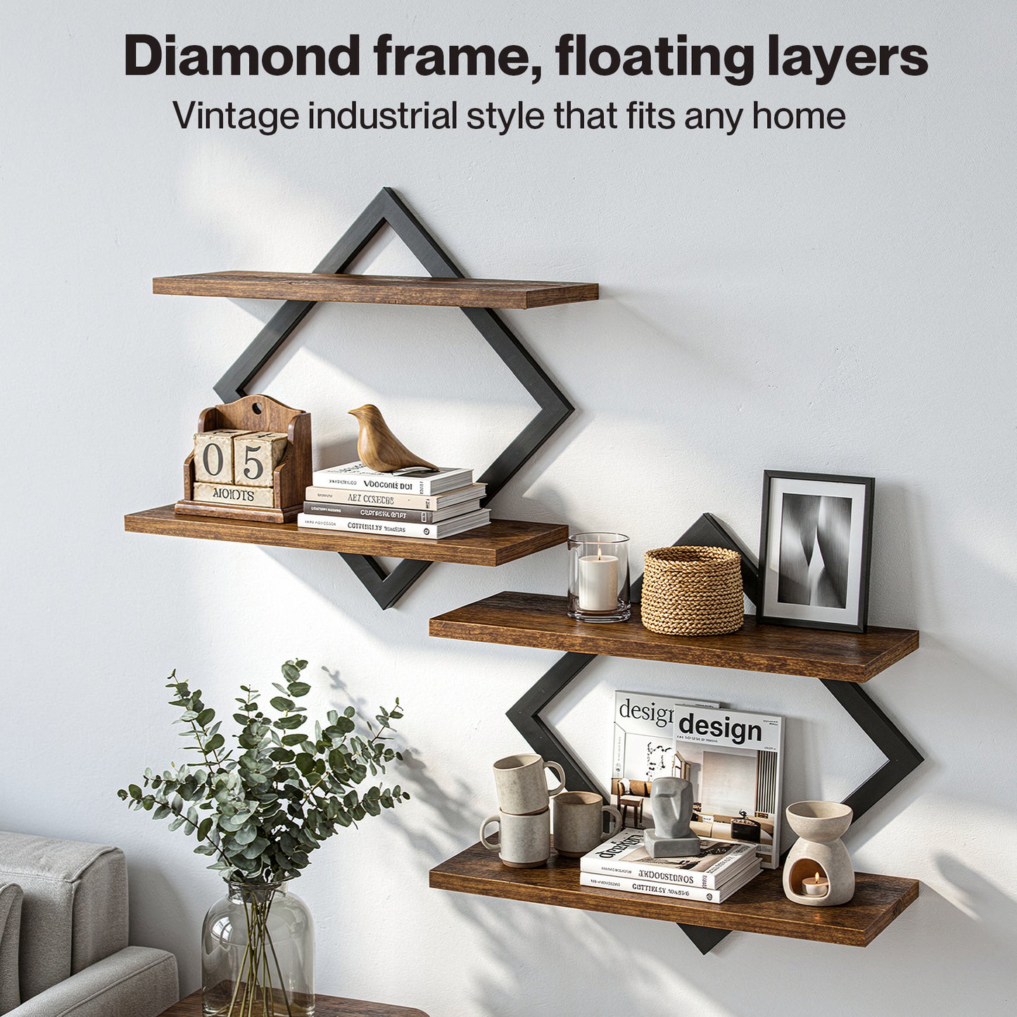 Levede Rustic Floating Shelves Set of 2 Diamond Industrial Display Storage Shelf