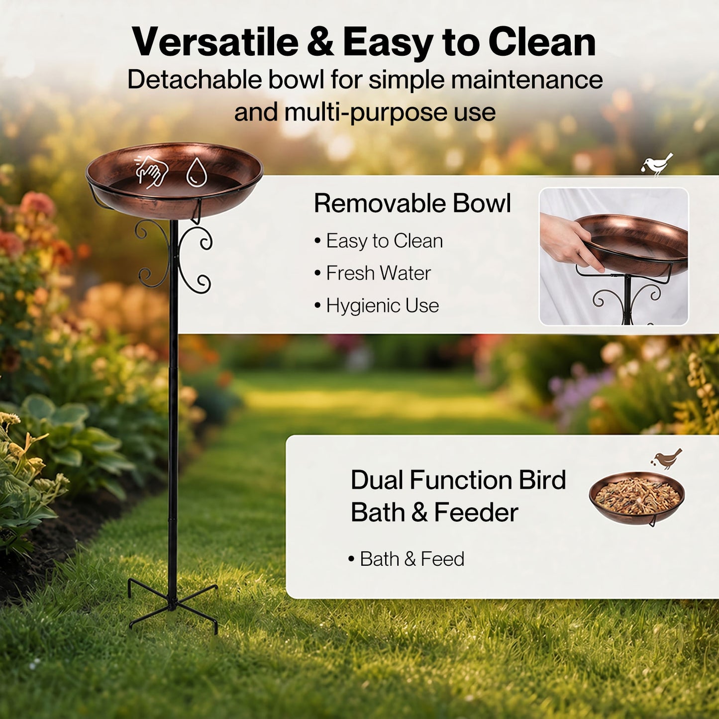 TOQUE Metal Bird Bath Outdoor Garden Bird Feeder Bowl Patio Decor Freestanding