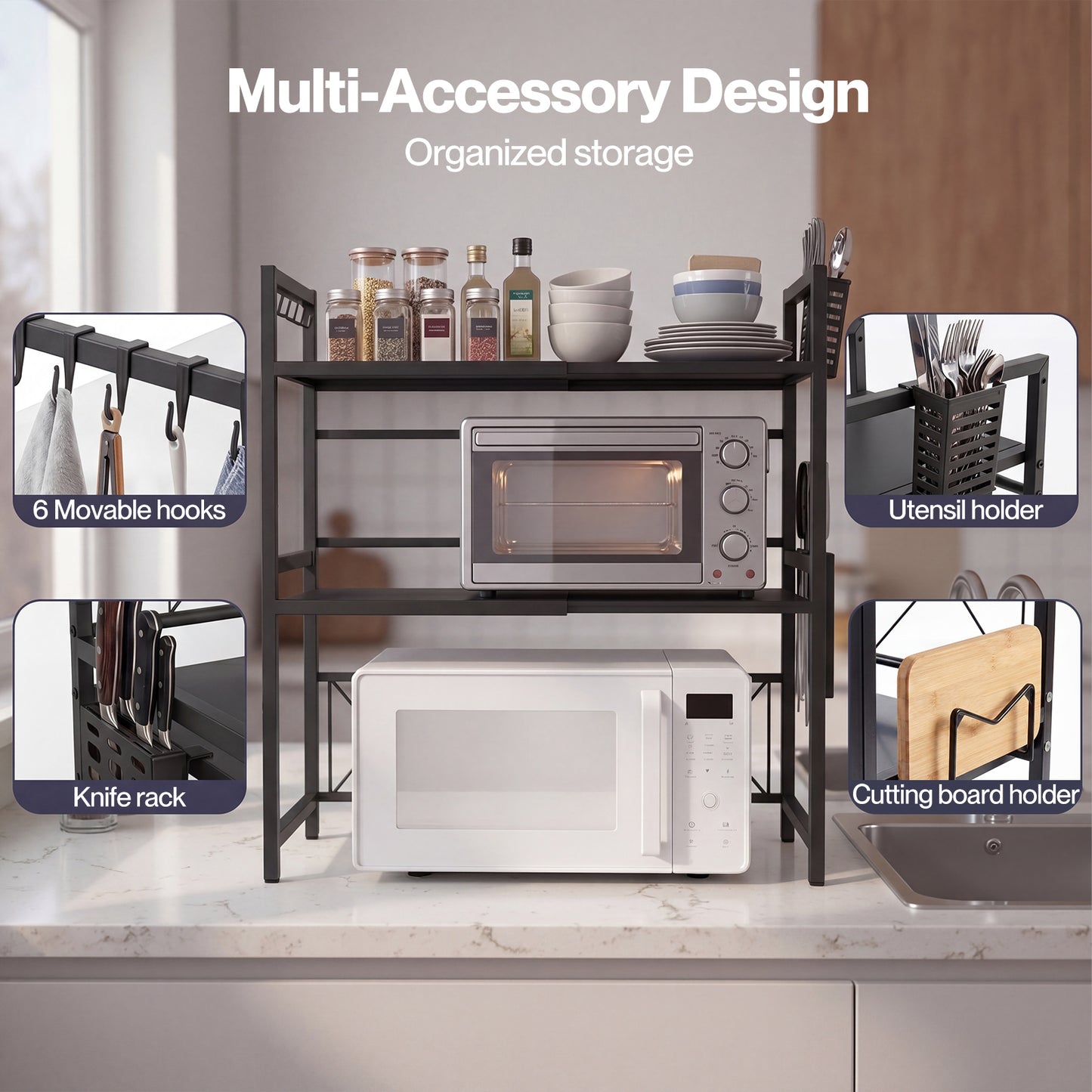TOQUE 3 Tier Expandable Microwave Oven Rack Stand Kitchen Storage Shelf Black