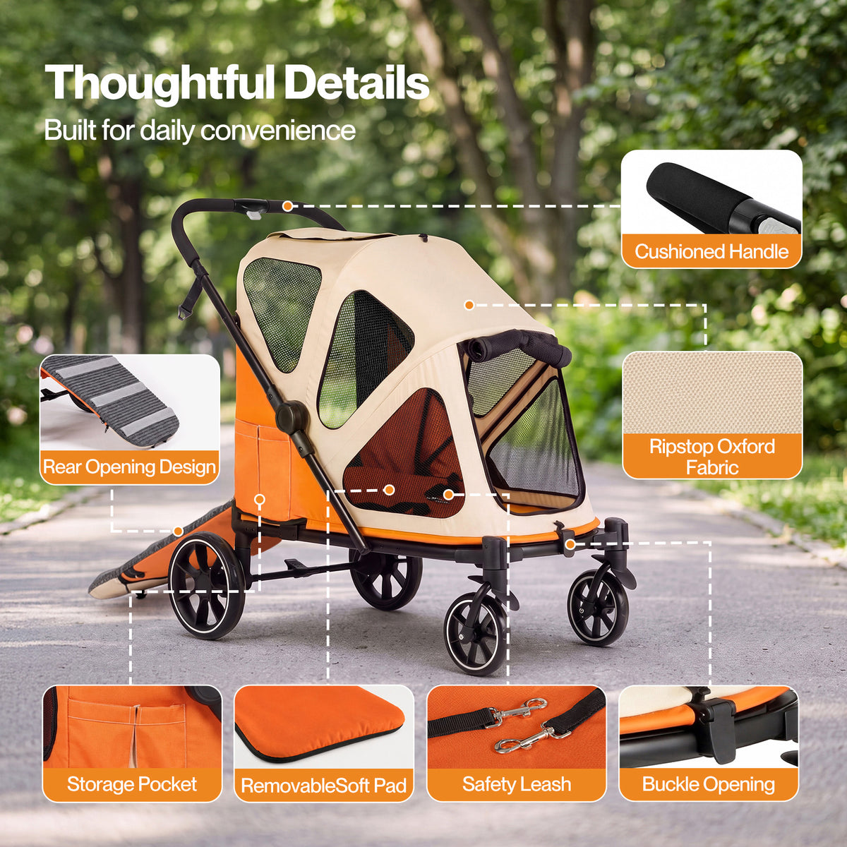 Skylos Dog Stroller Pet Pram Foldable Shock Absorbing Wheels Outdoor Orange