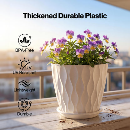 TOQUE Plant Pots 5Pc 8 Inch Plant Pots Indoor Drainage PP Plastic White