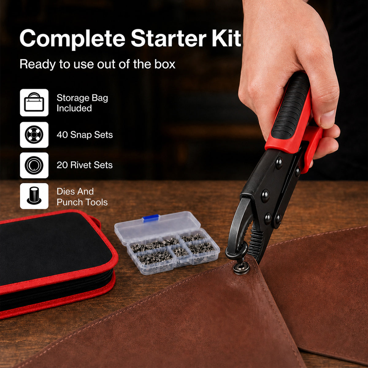 Snap Fastener Kit Adjustable Press Tool for Boat Covers Leather Cloths Red