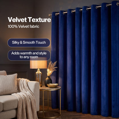 Marlow Thick Thermal Blackout Curtains Velvet 66x72 Inch Eyelet Ring Top Blue