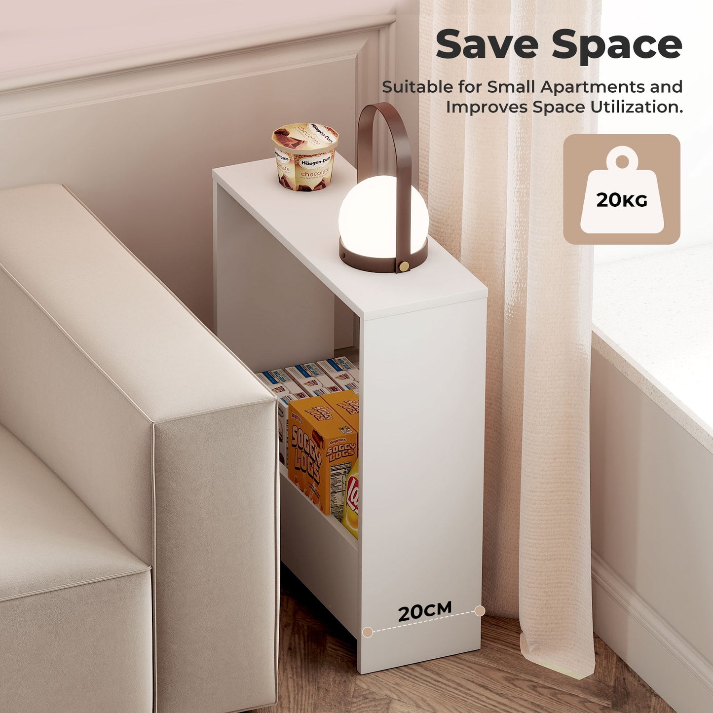 Levede Side Table with Magazine Storage End Table Narrow for Living Room White