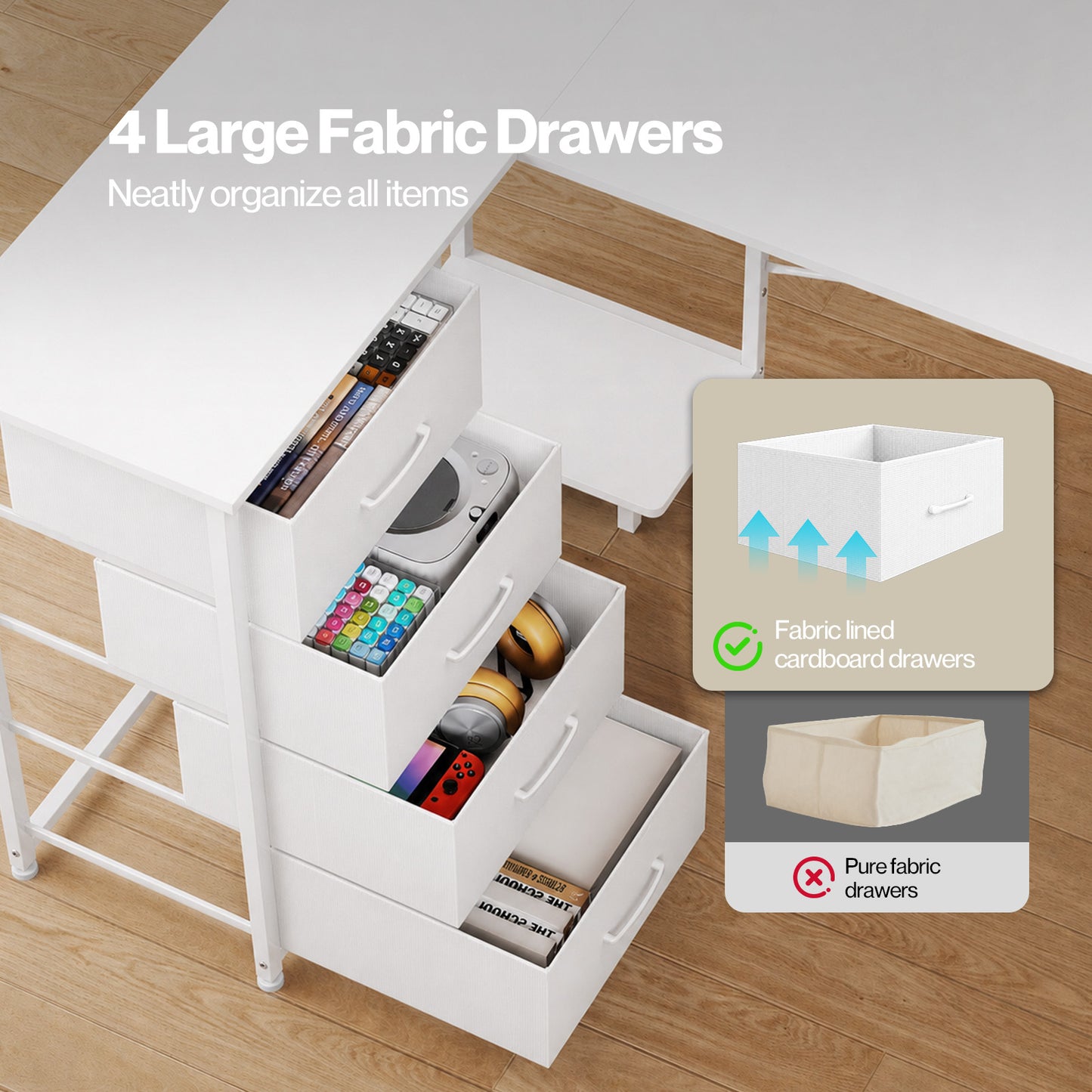 Levede Corner Desk L Shaped with Drawers Power Outlet Office Gaming Wood White