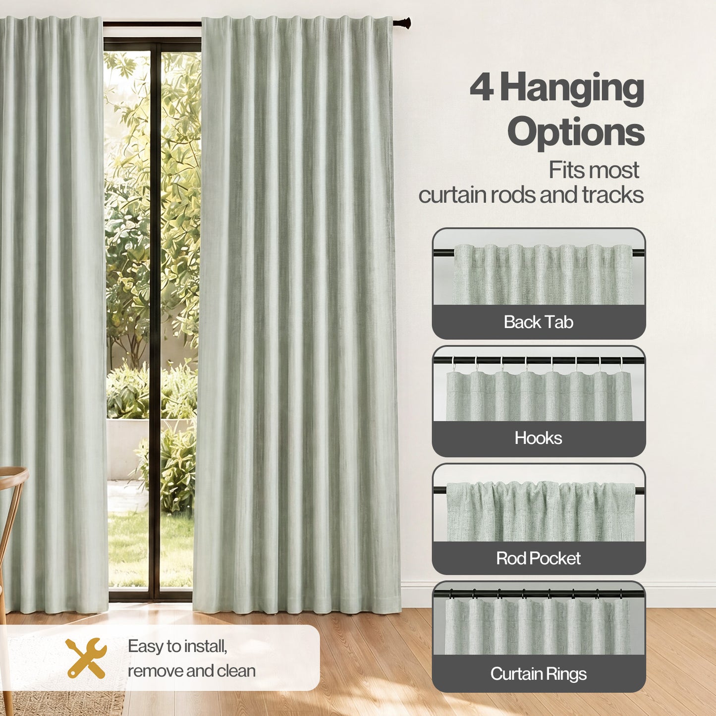Marlow 100% Blackout Curtains Thermal Linen Look Pair Ready Made 52x84 in Green