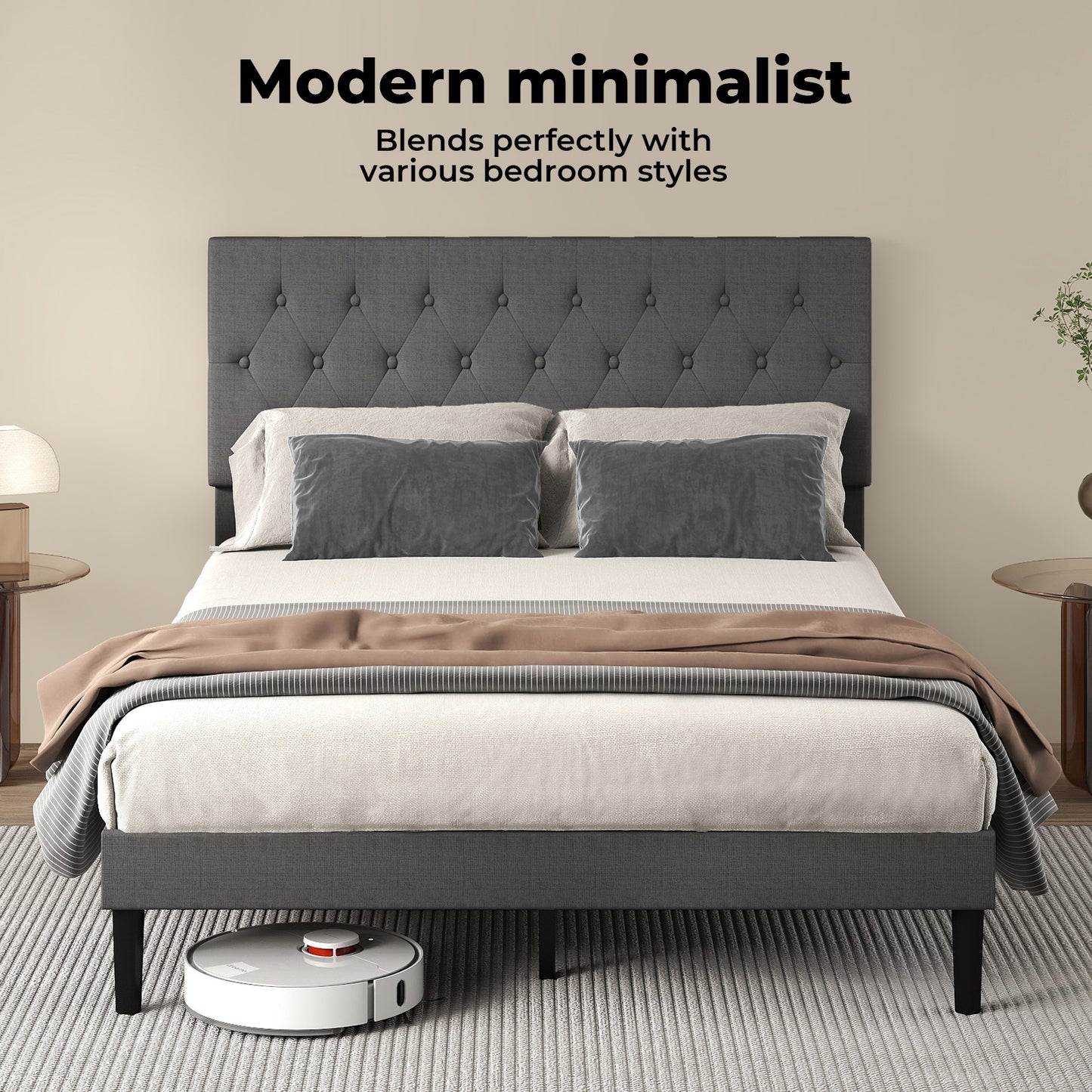 Levede King Bed Frame Upholstered Linen Fabric Soft Foam Headboard Wooden Grey