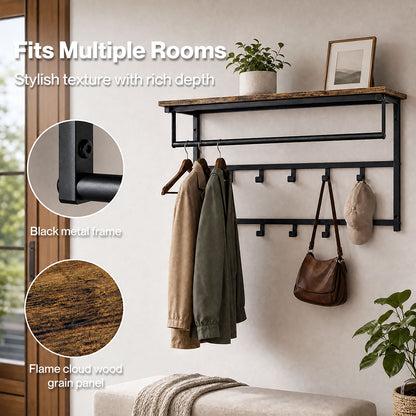Levede Coat Rack Wall Mounted 10kg Wooden Shelf Hooks Hanger Storage Metal Brown