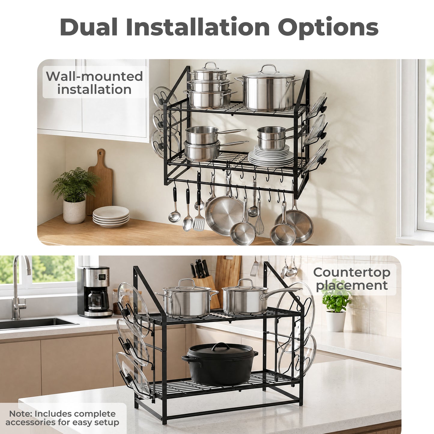 TOQUE Pot Rack Kitchen Storage Organiser Shelf Pan Rack 20 Hooks Lid Holders