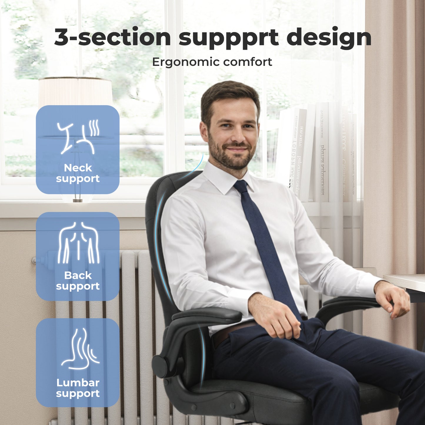 Ergonomic Office Computer Chair PU Leather Swivel Recliner with Flip-Up Armrests