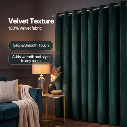 Marlow Thick Thermal Blackout Curtains Velvet 66x72 Inch Eyelet Ring Top Green