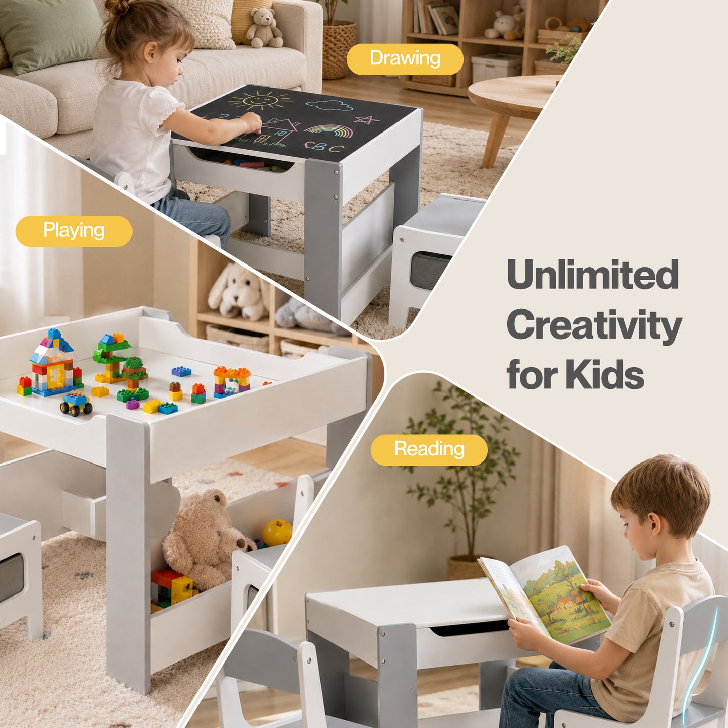 Dekko Kids Table and Chairs Set 2-in-1 Flip Top Storage Activity Play Study Grey