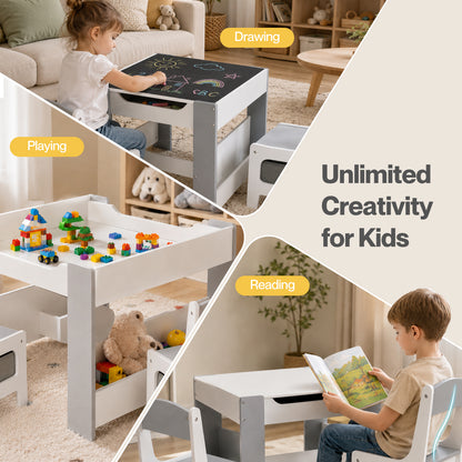 Dekko Kids Table and Chairs Set 2-in-1 Flip Top Storage Activity Play Study Grey