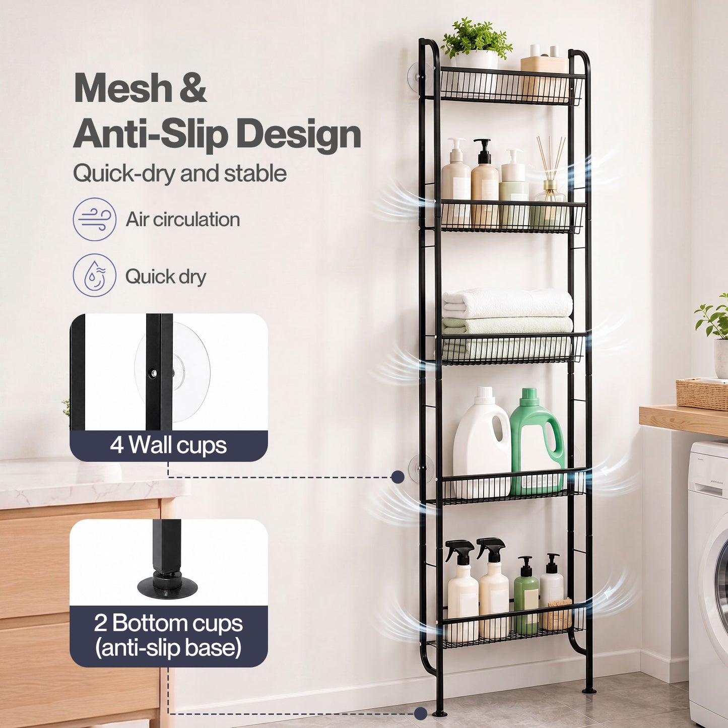 Levede Behind Door Storage Organiser Narrow 5-Tier Bathroom Shelves Steel Black