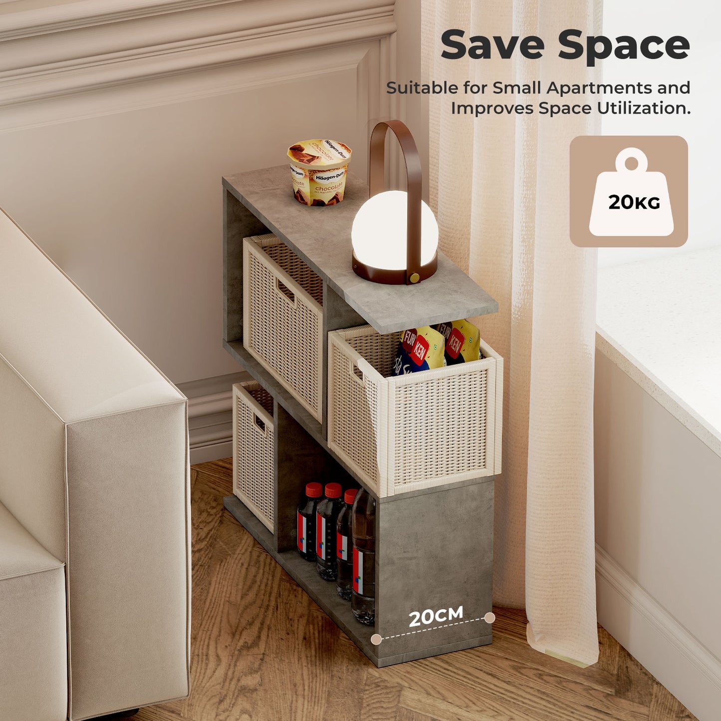 Narrow Side Table Slim End Sofa Table with Living Room Storage 20cm Modern Grey