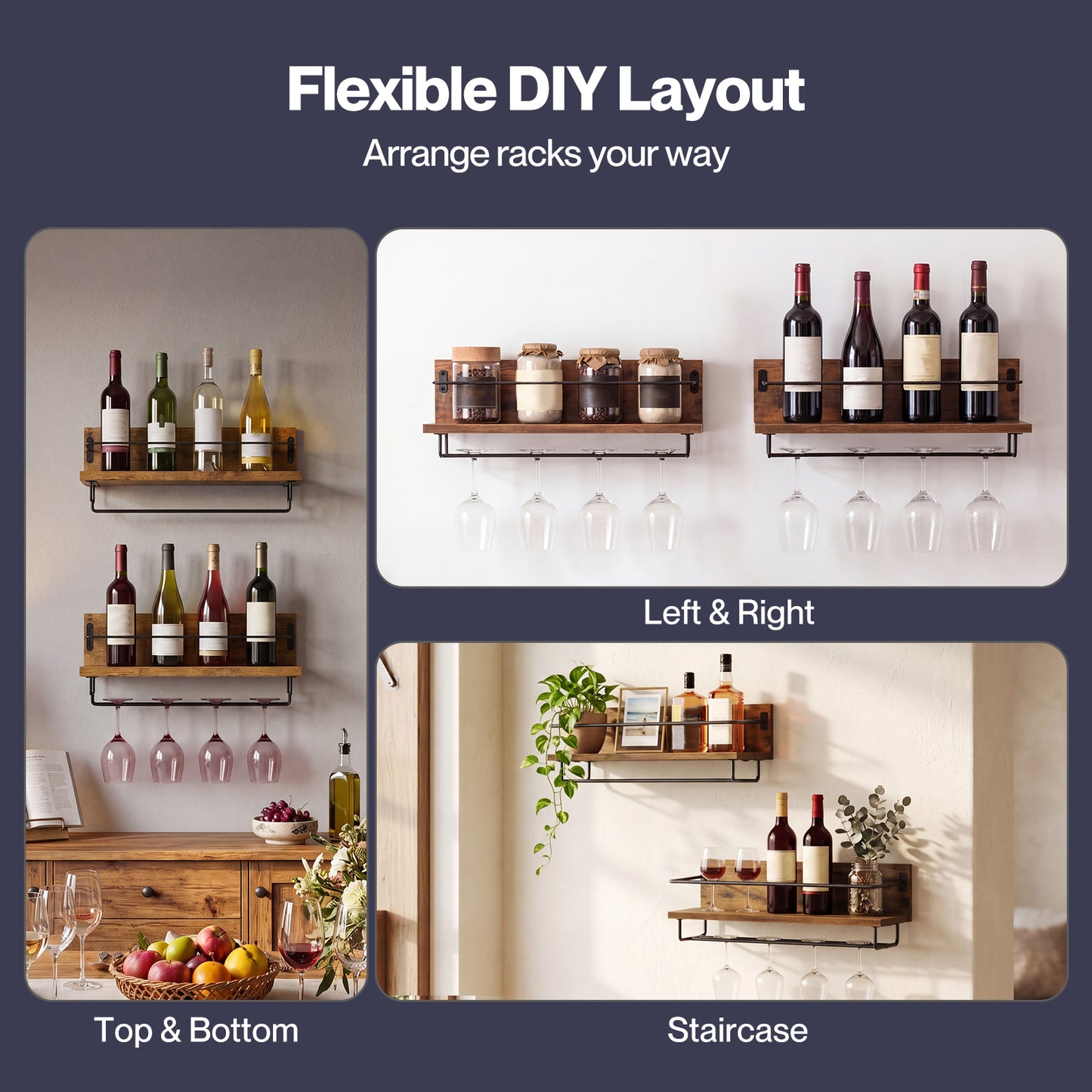 Levede Wall Wine Rack With Glass Holder Floating Wine Shelf Home Bar Storage 2PC