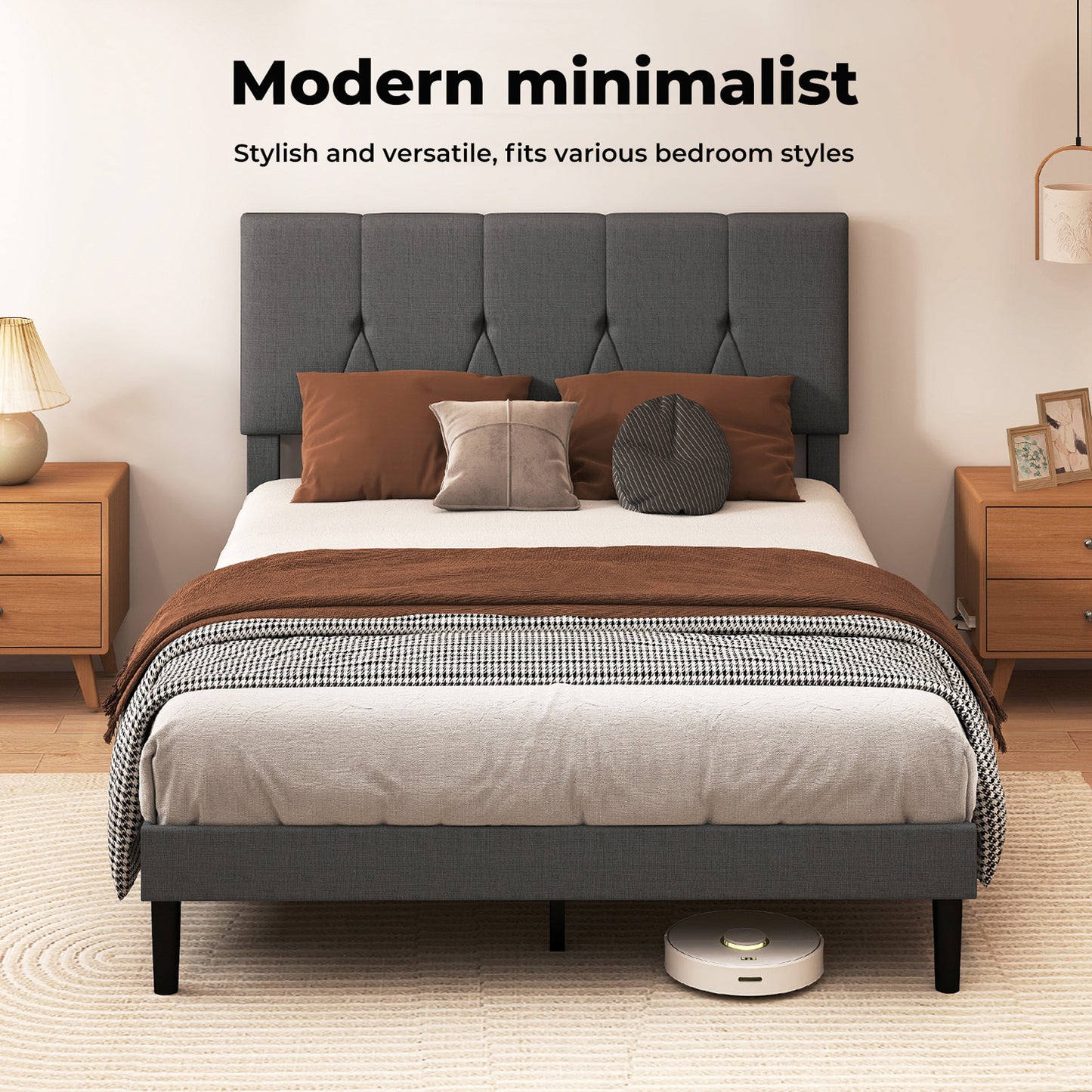 Levede Bed Frame Upholstered Linen Fabric Wooden Slats with Headboard King Size