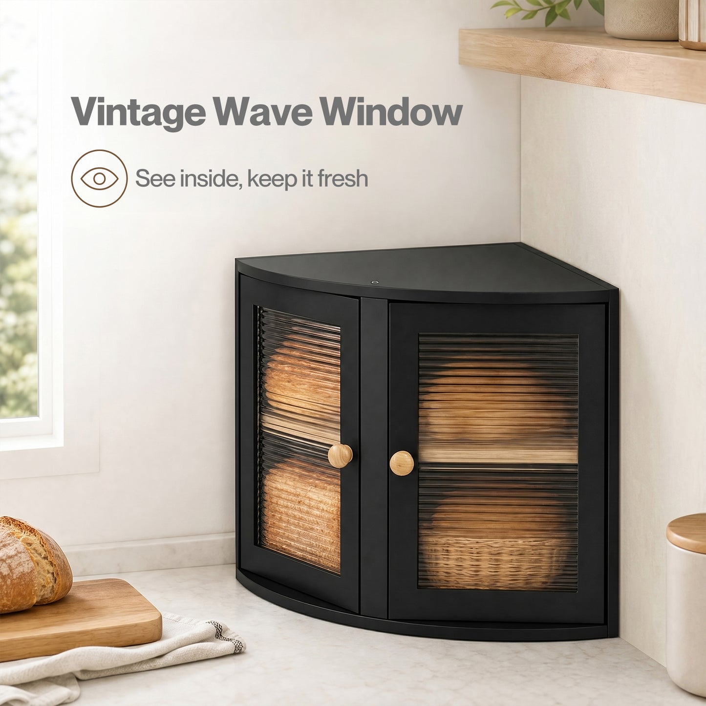 Bread Bin  Corner Bread Bin for Kitchen  Double-Layer Bamboo Box  Black