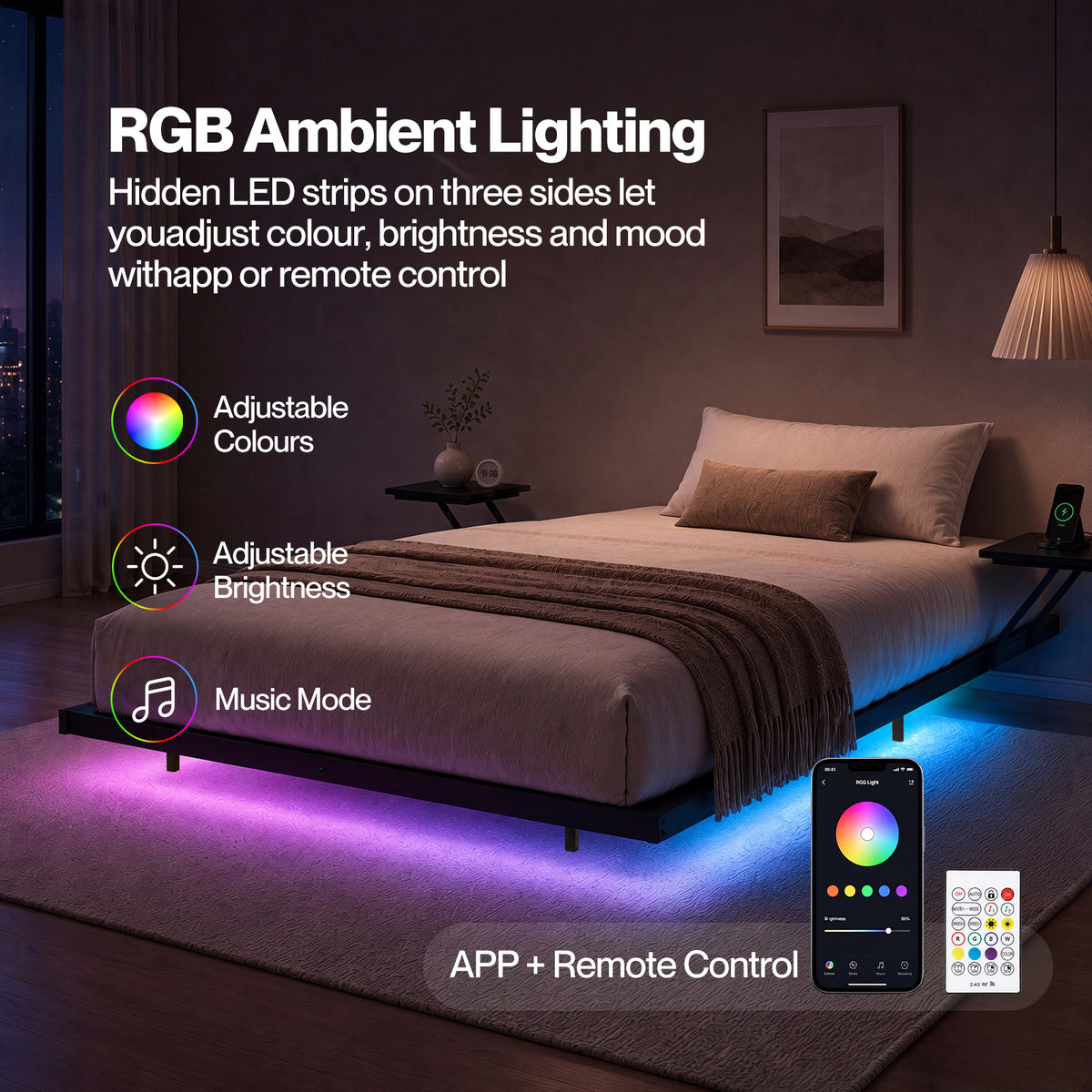 Levede Double Bed Frame Floating Design with Storage Shelves RGB Lights Black