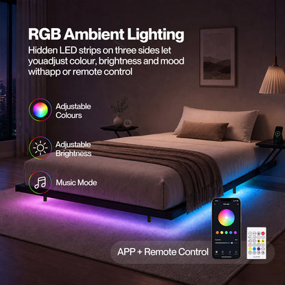 Levede Double Bed Frame Floating Design with Storage Shelves RGB Lights Black