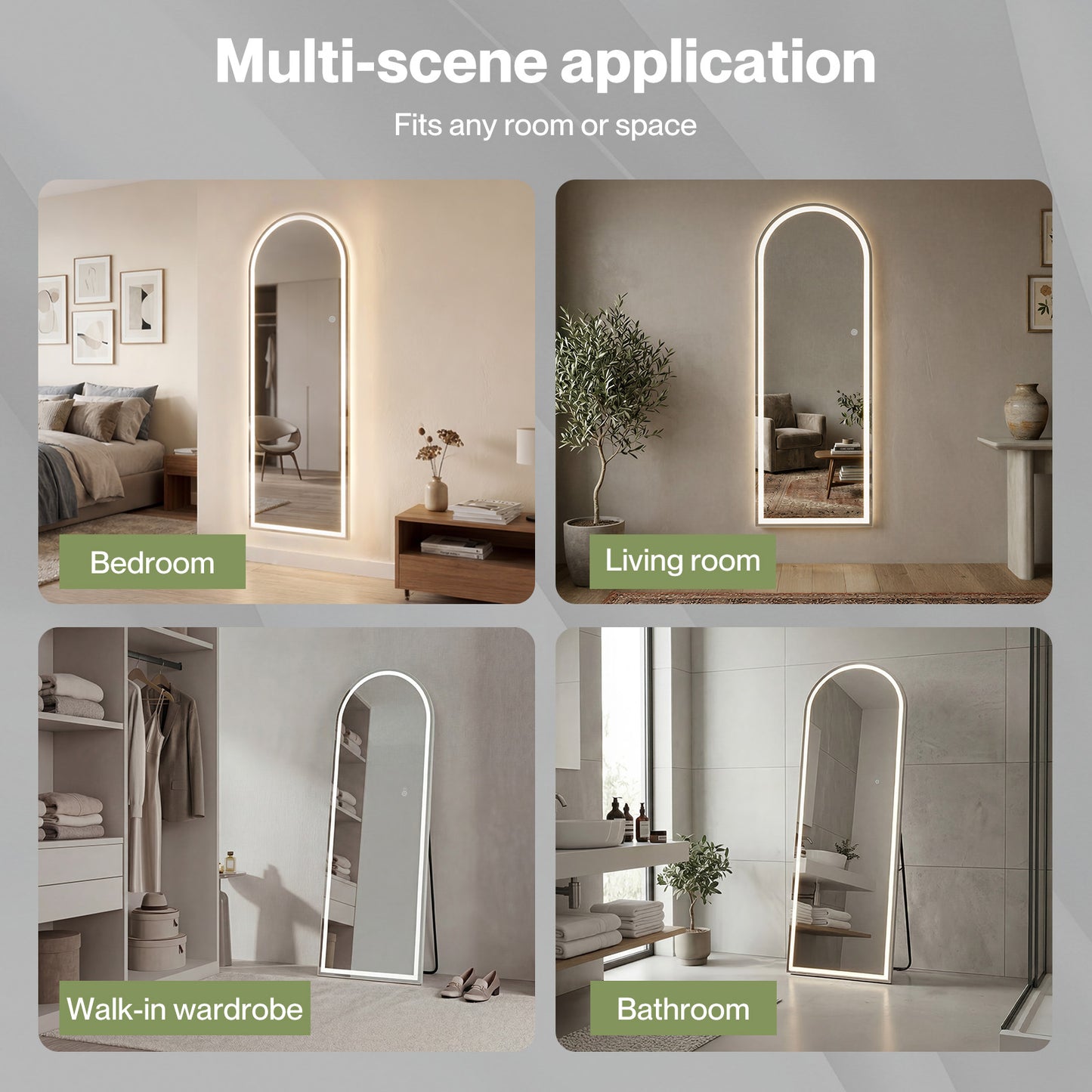 Yezi Full Length Mirror Arched LED Touch Buttons Light-Adjustable 165x60cm White