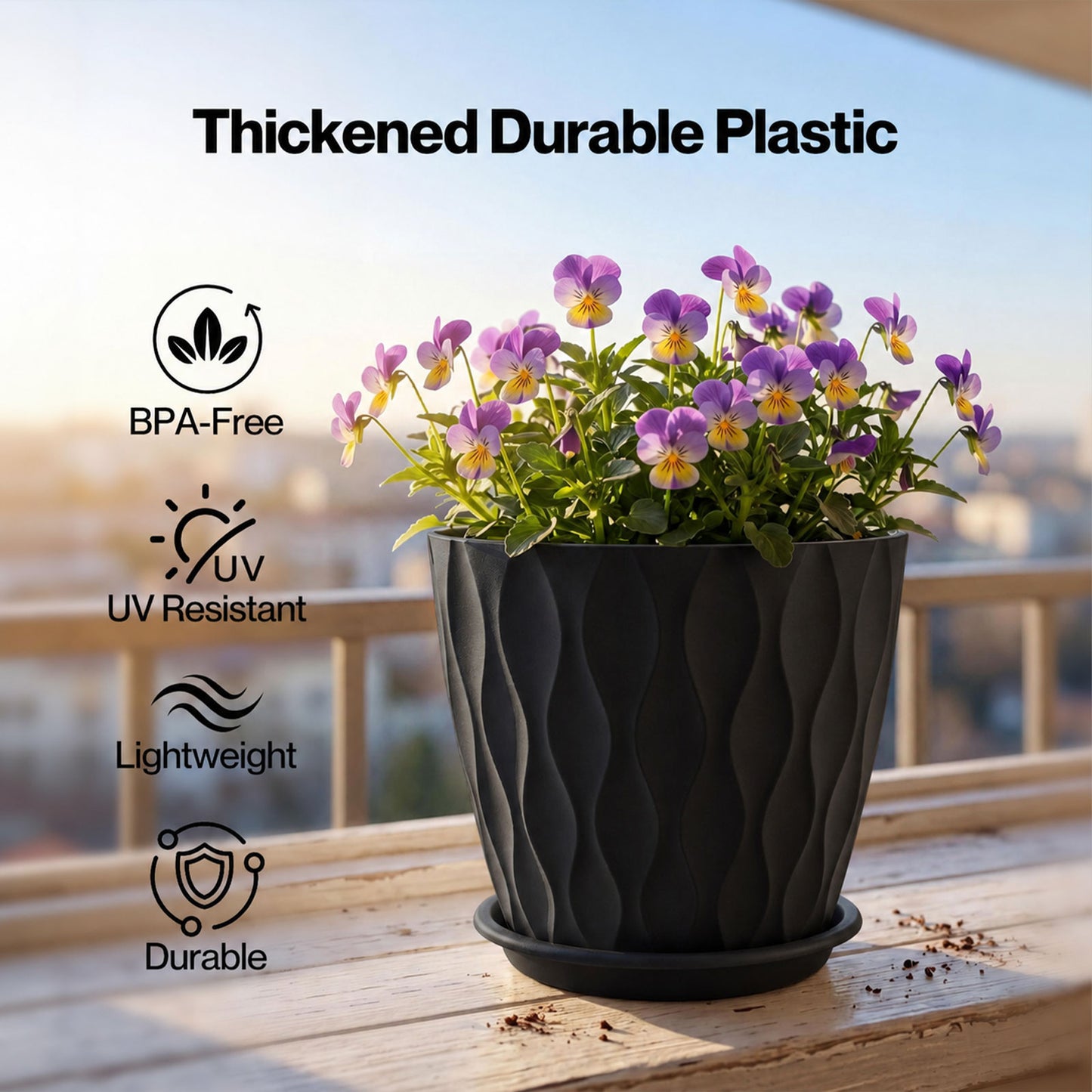 TOQUE Plant Pots 5Pc 20cm Plant Pots Indoor Drainage PP Plastic Black