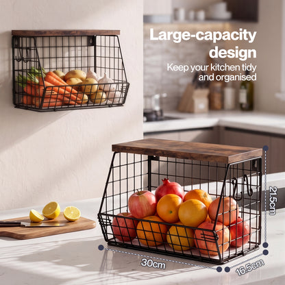 Toque Fruit Snack Storage Basket 2PCS Stackable Wall Mounted Kitchen Wood Lid