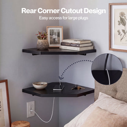 Levede 2 Pack Floating Corner Shelves Cable Cut-Out Wall Mounted Storage Black