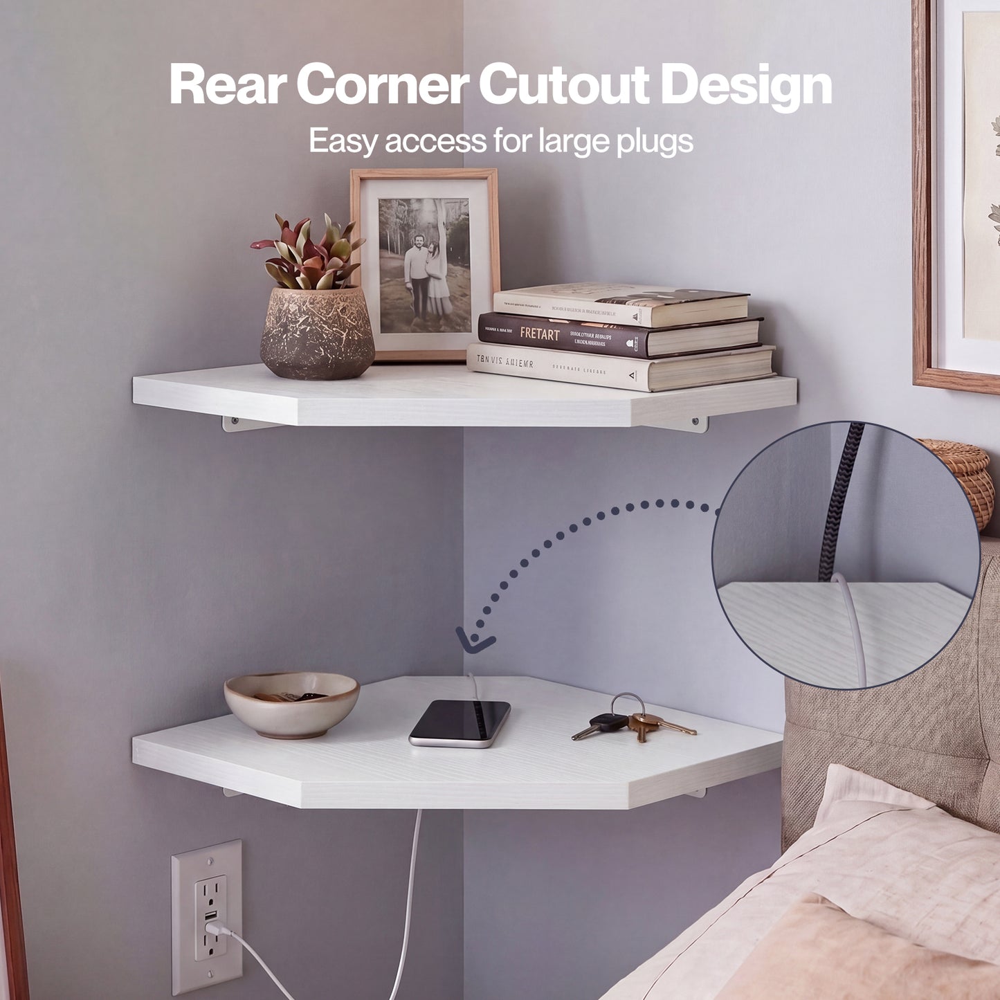 Levede 2 Pack Floating Corner Shelves Cable Cut-Out Wall Mounted Storage White