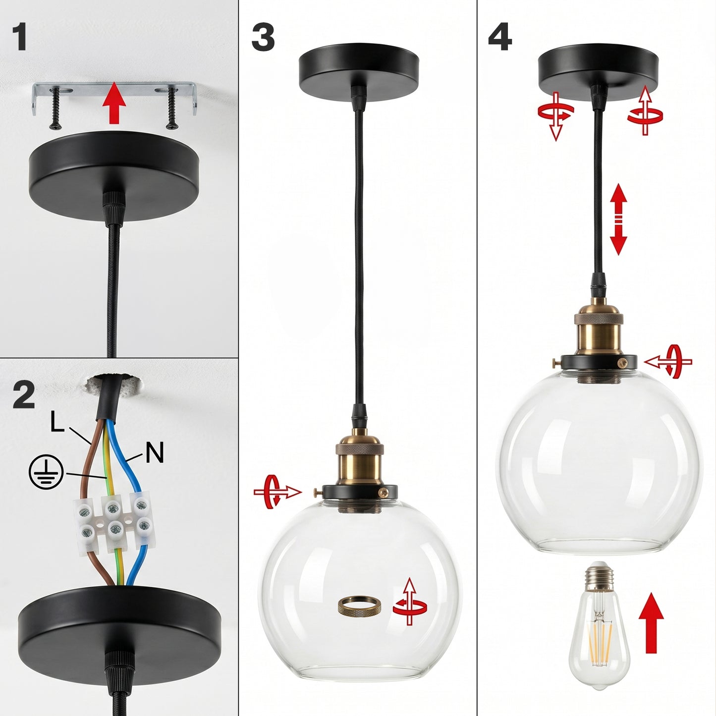 Emitto 2PCS Ceiling Pendant Light Industrial Glass LampShade Adjustable Cable
