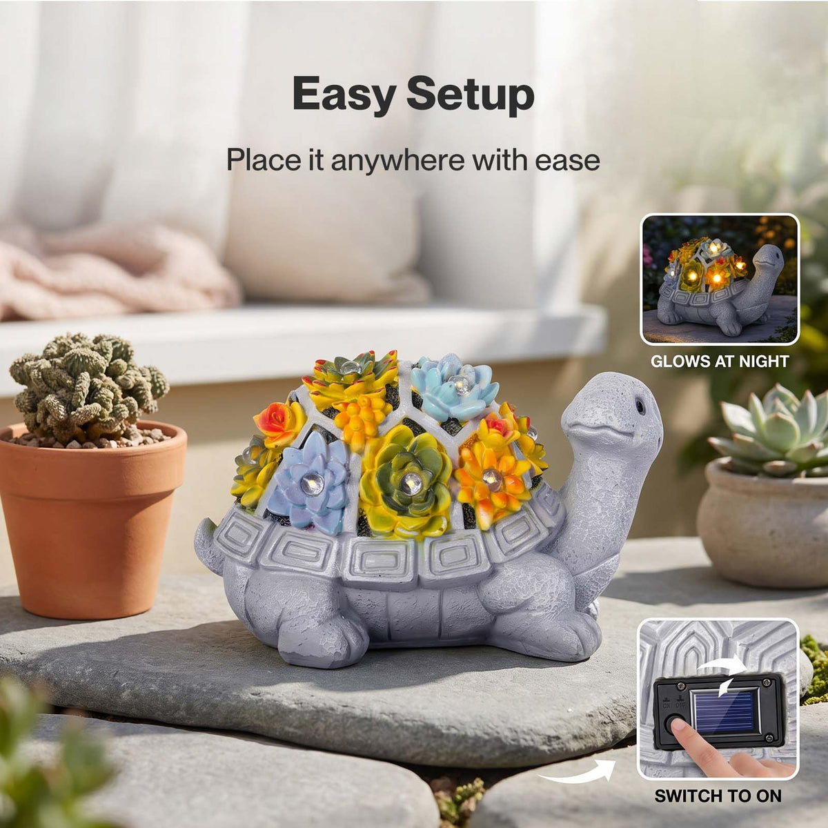 Emitto Resin Garden Ornaments Outdoor Solar Turtle Statue with LED Patio Decor