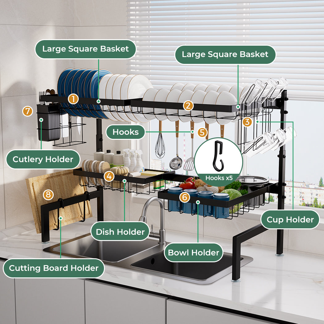Toque Over Sink Dish Drying Rack 2 Tier Adjustable Drainer Rack Space Saving