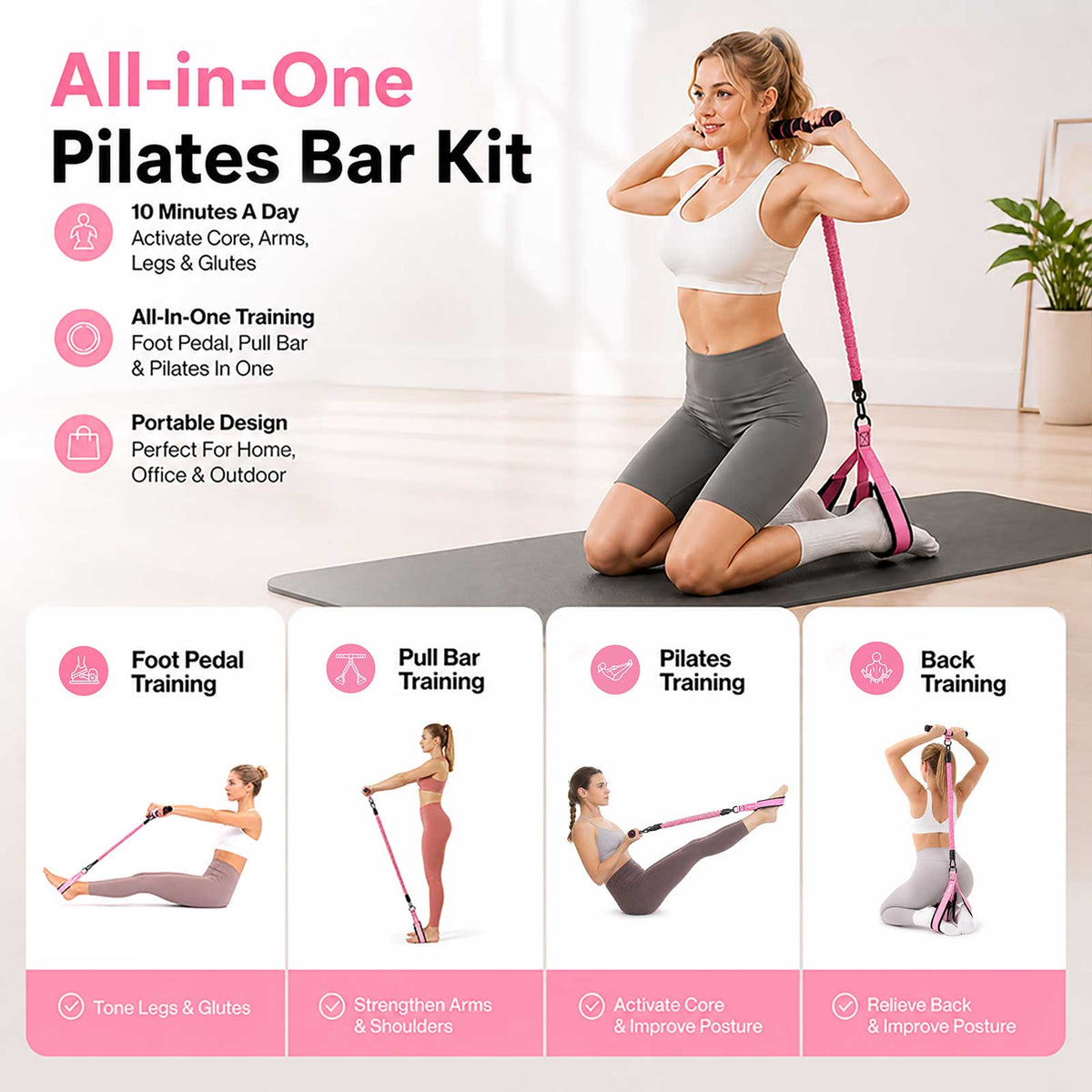 Centra Resistance Bands Set Foot Pedal 3 Tube Adjustable for Home Workout Pink