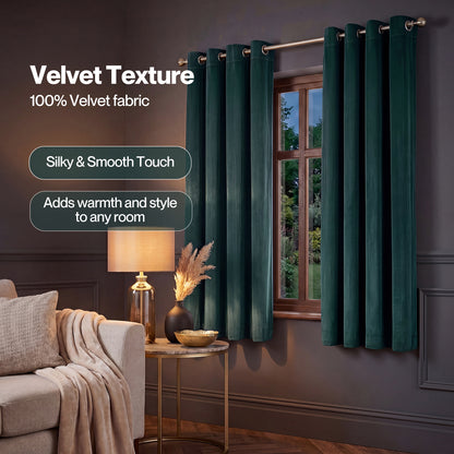 Marlow Thick Thermal Blackout Curtains Velvet 46x54 Inch Eyelet Ring Top Green