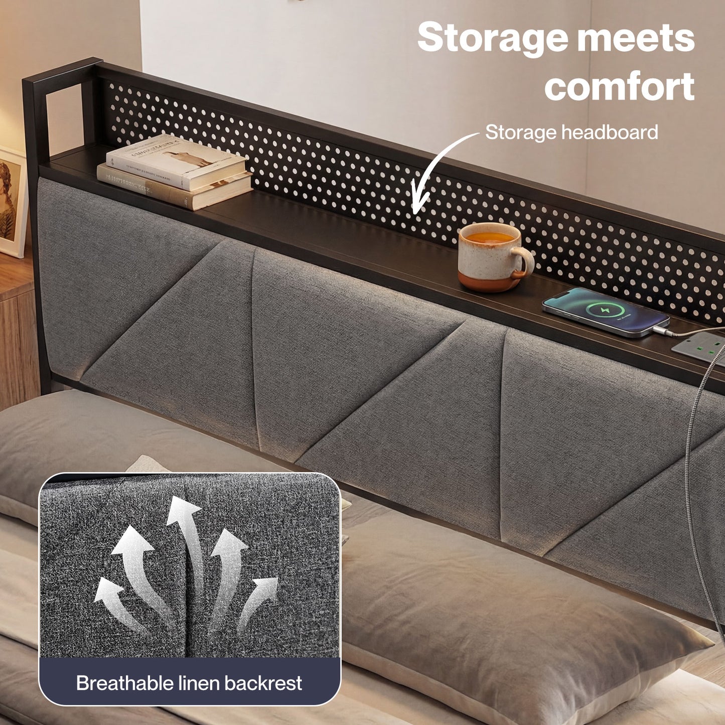 Levede Floating Bed Frame Double LED Lights Upholstered USB Storage Headboard
