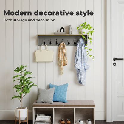 Levede Coat Rack Wall Mounted 7 Double Hooks Wood Entryway Hallway Storage Shelf