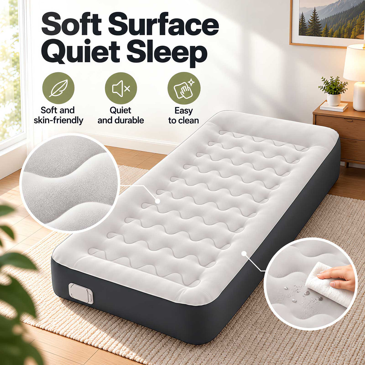 Lavio Inflatable Mattress TPU Airbed Rechargeable Pump Single Camp Bed Grey