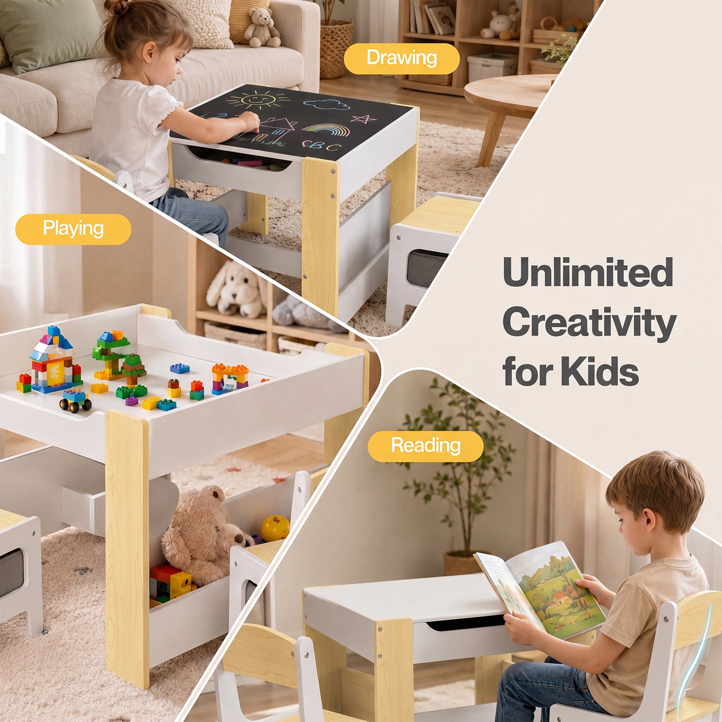 Dekko Kids Table and Chairs Set 2-in-1 Flip Top Storage Play Study Natural