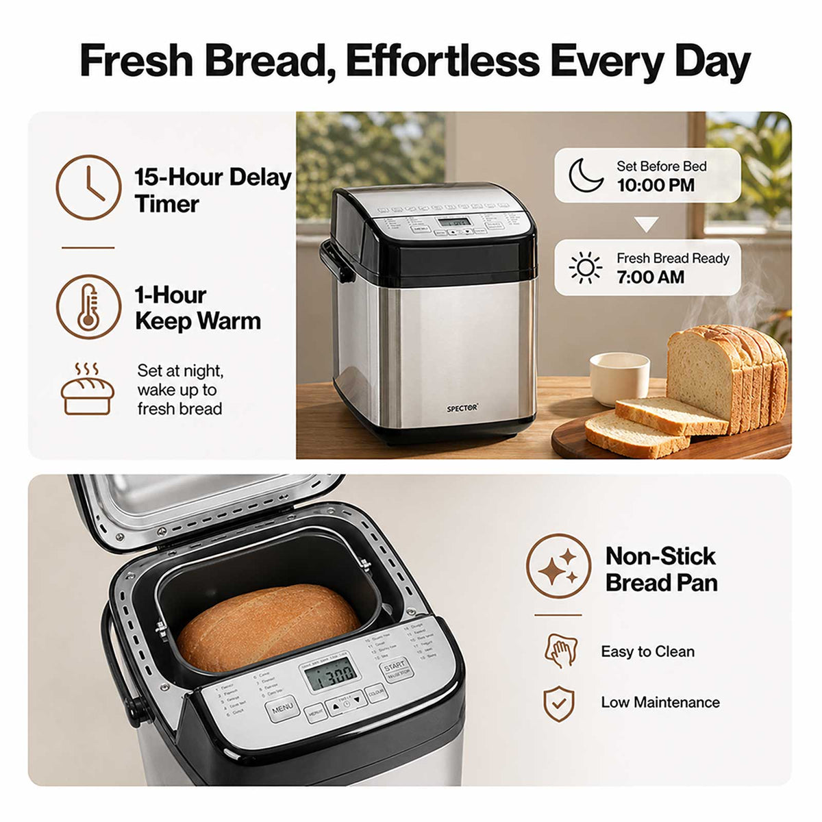 Spector Bread Maker 19 In 1 Compact Machine 15H Timer 1.5Lb for Home Baking