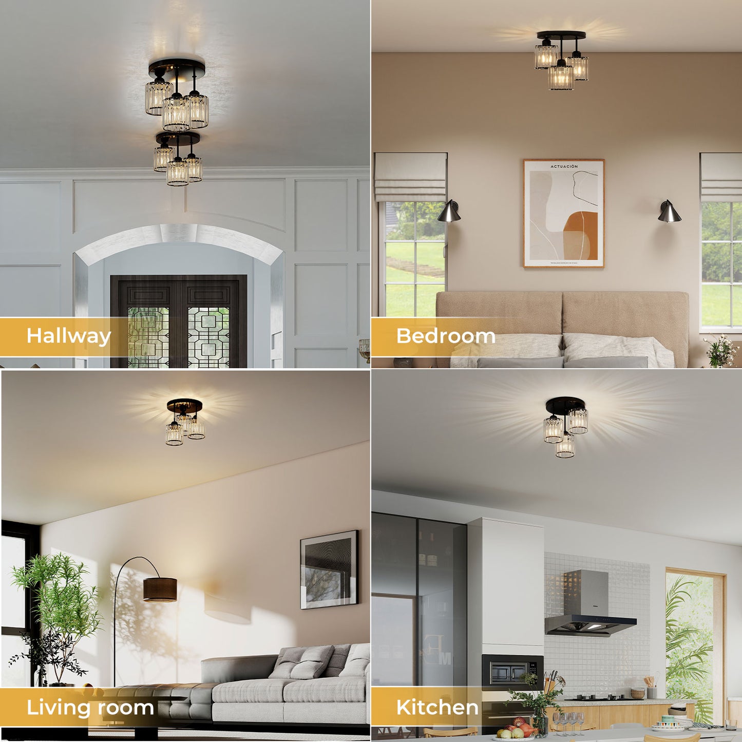 Emitto Crystal Ceiling Light 3 Light E27 Chandelier Semi Flush Mount Lamp Black