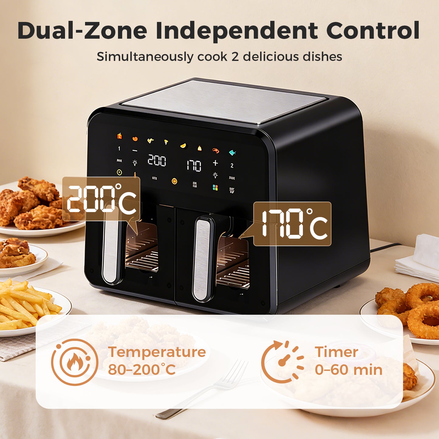 Spector 12L Dual Zone Air Fryer 2600W Oil Free Oven Cooker Touch Control Black