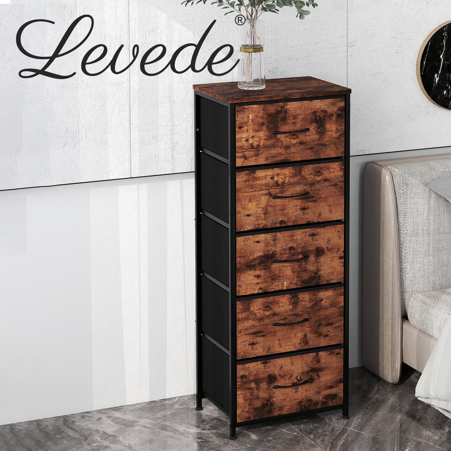 Levede Chest of Drawers Vintage Wood 5 Drawer Bedroom Storage Organiser Brown
