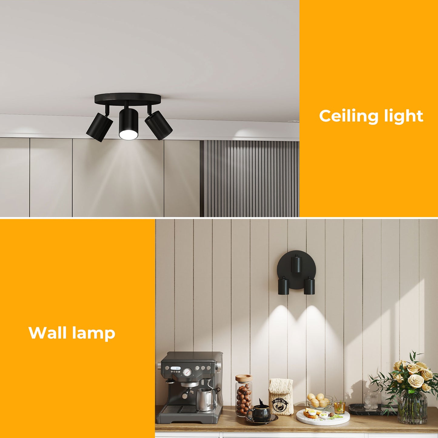 EMITTO 3-Way Spotlight Ceiling Light Adjustable GU10 Modern Black Round Base