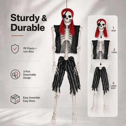 Yezi Halloween Skeleton Life Size Pirate Decor 166cm PE Plastic White